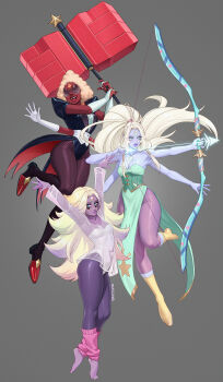 absurdres adelheid_(moschiola) afro aquiline_nose arms_up ass black_eyes black_leotard black_pantyhose black_shoes blonde_hair blue_eyes blue_leggings boots bow_(weapon) bridal_gauntlets collared_shirt colored_skin commentary corset diamond_print dress elbow_gloves english_commentary extra_arms extra_eyes forehead_jewel four_eyes full_body gloves green_corset green_dress grey_background hammer high_ponytail highres holding holding_bow_(weapon) holding_hammer holding_weapon knee_boots leg_warmers leggings leotard long_hair long_sleeves looking_at_viewer multicolored_boots nose opal_(steven_universe) pantyhose pelvic_curtain pink_leg_warmers ponytail purple_hair purple_leggings purple_lips rainbow_quartz red_skin sardonyx_(steven_universe) see-through_clothes see-through_shirt shirt shoes short_hair shoulder_pads sidelocks simple_background smile star_(symbol) star_print steven_universe strapless strapless_dress strapless_leotard thick_thighs thighs triangle-shaped_hair two-tone_boots very_short_hair weapon white_bridal_gauntlets white_corset white_gloves white_leotard white_shirt yellow_boots