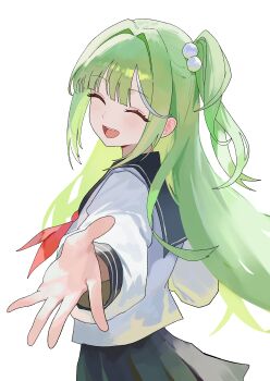 1girl absurdres black_sailor_collar black_skirt closed_eyes commentary_request green_hair hair_ornament highres korean_commentary light_blush long_sleeves multicolored_hair nbee_ya neckerchief open_mouth pom_pom_(clothes) pom_pom_hair_ornament red_neckerchief sailor_collar shirt simple_background skirt stellive teeth two-tone_hair upper_body upper_teeth_only virtual_youtuber white_background white_hair white_shirt white_streaks yuzuha_riko