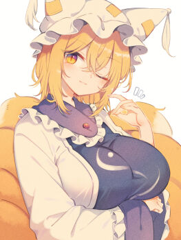 Rule 34 | 1girl, animal hat, arm under breasts, blonde hair, blue tabard, breasts, closed mouth, commentary request, dress, hat, highres, kitsune, large breasts, long sleeves, looking at viewer, medium hair, mob cap, multiple tails, one eye closed, simple background, smile, solo, tabard, tail, tama (soon32281), touhou, white background, white dress, wide sleeves, yakumo ran, yellow eyes
