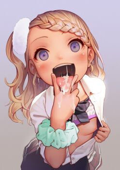 1girl blonde_hair blue_eyes blush breasts cum cum_in_mouth female_focus gyaru loli looking_at_viewer muk_(monsieur) nipples open_clothes open_mouth open_shirt simple_background skirt small_breasts smile solo tagme tongue tongue_out upper_body v yonic_symbol