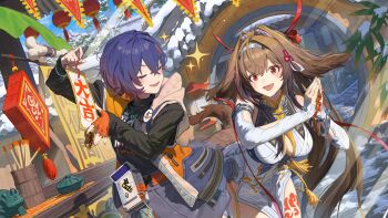 2girls absurdres animal_ears belle_(zenless_zone_zero) blue_hair breasts brown_hair closed_eyes commentary_request detached_sleeves dress facing_another fingerless_gloves fox_ears fox_girl gloves hands_up highres holding hood hooded_jacket jacket kajatony large_breasts long_hair long_sleeves looking_at_another multiple_girls open_clothes open_jacket open_mouth orange_gloves outdoors red_eyes short_hair single_glove smile very_long_hair white_dress ye_shunguang zenless_zone_zero