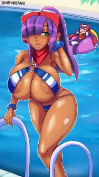 1boy 1girl areola_slip bikini breasts hair_over_one_eye highres huge_breasts large_areolae layer_(mega_man) mega_man_(series) mega_man_x_(series) mega_man_x_dive smile solo_focus swimsuit tumother zero_(mega_man)