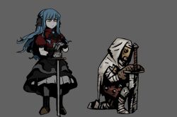 1boy 1girl armor ascot bandaged_arm bandaged_foot bandages bang_dream! bang_dream!_it&#039;s_mygo!!!!! black_ascot black_boots black_pants black_ribbon black_skirt blue_brooch blue_hair boots breastplate cape chinese_commentary closed_mouth collared_shirt commentary_request covered_eyes crossover darkest_dungeon faulds frilled_gloves frills from_side full_body gloves gold_mask grey_background grey_pantyhose grey_skirt hair_ribbon half_mask hands_up hatachi_(oo0713fee) holding holding_sword holding_weapon hood hood_up hooded_cape knee_pads layered_skirt leper_(darkest_dungeon) long_hair long_sidelocks looking_ahead mask medium_skirt no_mask oblivionis_(bang_dream!) on_one_knee pants pantyhose puffy_short_sleeves puffy_sleeves red_shirt ribbon see-through_clothes see-through_gloves shirt short_sleeves sidelocks simple_background skirt spiked_armor standing sword togawa_sakiko weapon white_cape yellow_eyes