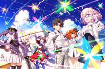 6+boys 6+girls ahoge aiguillette atlas_academy_uniform baker_nemo_(fate) blonde_hair blue_eyes blue_hair blue_leggings blue_sky breasts brown_hair captain_nemo_(fate) cloud command_spell creature creature_on_shoulder day dress engineer_nemo_(fate) epaulettes facial_hair fate/grand_order fate_(series) fou_(fate) fujimaru_ritsuka_(female) fujimaru_ritsuka_(female)_(decisive_battle_chaldea_uniform) fujimaru_ritsuka_(male) fujimaru_ritsuka_(male)_(decisive_battle_chaldea_uniform) glasses gloves goredolf_musik gradient_hair hair_between_eyes hair_over_one_eye hand_on_own_hip hat hat_feather highres jacket jingle_abel_meuniere leggings leonardo_da_vinci_(fate) leonardo_da_vinci_(fate/grand_order) leonardo_da_vinci_(rider)_(fate) long_hair long_sleeves looking_at_viewer marine_nemo_(fate) mash_kyrielight multicolored_hair multiple_boys multiple_girls mustache necktie nemo_(fate) non-humanoid_robot nurse_nemo_(fate) official_art on_shoulder open_mouth orange_eyes orange_hair outdoors pink_hair professor_nemo_(fate) puff_and_slash_sleeves puffy_sleeves purple_eyes purple_hair robot robot_animal robot_bird second-party_source shirt short_hair sion_eltnam_(type-moon) sion_eltnam_sokaris skirt sky smile takeuchi_takashi thighhighs turban twintails watermark white_shirt
