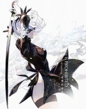 1girl 2b_(nier:automata) abstract_background black_bow black_dress black_gloves black_hairband blindfold bob_cut bow breasts cofffee dress elbow_gloves facing_to_the_side feather-trimmed_sleeves feather_trim fighting_stance floating_clothes floating_hair gloves hairband holding holding_sword holding_weapon katana leotard lips long_sleeves medium_breasts mole mole_under_mouth nier:automata nier_(series) short_dress short_hair side_slit solo sword thigh_strap thighs two-tone_gloves weapon white_background white_gloves white_hair white_leotard