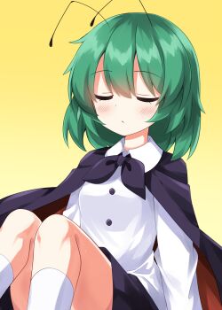 1girl black_cape black_shorts blush cape closed_eyes closed_mouth collared_shirt commentary_request completion_time feet_out_of_frame gradient_background green_hair highres long_sleeves ruu_(tksymkw) shirt short_hair shorts sitting socks solo touhou white_shirt white_socks wriggle_nightbug yellow_background