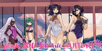 4girls ^_^ adapted_costume alternate_costume bare_shoulders bikini black_bikini black_nails blunt_bangs blunt_ends braid braided_ponytail breasts cleavage closed_eyes cloud collar commission dark-skinned_female dark_skin double_bun earrings expressionless fist_print flat_chest frilled_one-piece_swimsuit frills green_hair hair_between_eyes hair_bun half-closed_eyes hand_up hex_maniac_(pokemon) hex_maniac_(pokemon_legends:_z-a) holding holding_hands holding_leash indoors jacinthe_(pokemon) jewelry leash lebanne_(pokemon) lipstick long_hair low_drills low_ponytail maid maid_bikini maid_headdress makeup male_(pokemon) master_and_servant medium_breasts multiple_girls nail_polish navel nintendo one-piece_swimsuit open_mouth parted_lips pet_play poke_ball_print pokemon pokemon_legends:_z-a ponytail pool purple_hair purple_lips purple_one-piece_swimsuit see-through_cleavage see-through_clothes short_hair smile sphere_earrings swimsuit thank_you unconventional_maid very_dark_skin very_long_hair wading wanderjegson water white_one-piece_swimsuit window wristband