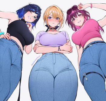 3girls alternate_costume arm_up bare_arms bare_shoulders black_choker black_shirt blonde_hair blue_hair blue_pants blush breasts casual choker closed_mouth crossed_arms crossover denim diagonal_bangs evelyn_chevalier eyewear_on_head from_below genshin_impact glasses hand_on_own_hip highres honkai:_star_rail honkai_(series) jeans kafka_(honkai:_star_rail) large_breasts looking_at_viewer looking_down medium_hair multiple_crossover multiple_girls one_eye_closed paid_reward_available pants parted_lips pince-nez pink_shirt purple_hair purple_shirt qiandaiyiyu shirt short_hair simple_background smile thigh_strap thighs white_background yelan_(genshin_impact) zenless_zone_zero