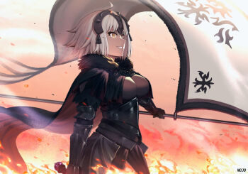 1girl 9nojo ahoge armor armored_dress bad_id bad_pixiv_id black_cape blush breasts cape cleavage commentary_request dress fate/grand_order fate_(series) female_focus fire flag from_side fur-trimmed_cape fur_collar fur_trim headpiece holding holding_flag jeanne_d&#039;arc_(fate) jeanne_d&#039;arc_alter_(avenger)_(fate) jeanne_d&#039;arc_alter_(fate) large_breasts looking_at_viewer red_cape short_hair silver_hair smile solo yellow_eyes