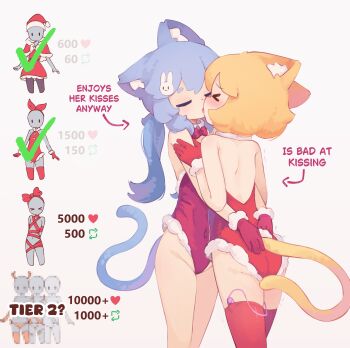 &gt;_&lt; 2girls absurdres animal_ear_fluff animal_ears arms_around_waist ass bare_shoulders blonde_hair blue_hair blush bow bowtie cat_ears cat_girl cat_tail character_request christmas closed_eyes collar covered_navel detached_collar english_text face-to-face fur_trim gloves groin hands_on_another&#039;s_ass highleg highleg_leotard highres kanbaki kanbaki&#039;s_orange-haired_catgirl kiss leotard like_and_retweet long_hair multiple_girls original ponytail red_bow red_bowtie red_gloves red_leotard red_thighhighs sex_toy short_hair strapless strapless_leotard tail thighhighs thighs twitter_strip_game vibrator vibrator_in_thighhighs white_collar yuri