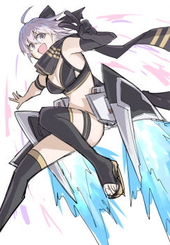1girl :d ahoge bikini black_bikini black_gloves black_scarf black_thighhighs elbow_gloves fate/grand_order fate_(series) flying gloves grey_eyes grey_hair jet_engine jumping kankan33333 looking_at_viewer medium_hair okita_j._souji_(fate) okita_j._souji_(first_ascension)_(fate) okita_souji_(fate) open_mouth sandals scarf smile solo swimsuit thigh_strap thighhighs v