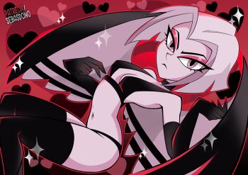 1girl absurdres alternate_costume angel angel_wings artist_name bare_hips black_bra black_panties bra breasts colored_skin elbow_gloves eyeliner gloves hazbin_hotel heart hellaverse highres looking_at_viewer lute_(hazbin_hotel) makeup navel panties patreon_username red_eyeliner sebasdono short_hair solo sparkle thighhighs two-tone_wings underwear white_hair white_skin wings