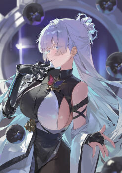 1girl bare_shoulders black_dress blue_eyes blurry blurry_background breasts bridal_gauntlets brooch brown_pantyhose colored_eyelashes cowboy_shot depth_of_field detached_sleeves dress eyes_visible_through_hair goddess_of_victory:_nikke hair_rings hand_up highres jewelry large_breasts long_hair looking_at_viewer nayuta_(nikke) orb pantyhose parted_lips pray_(furei) prosthesis prosthetic_arm side_slit sideboob solo very_long_hair white_eyelashes white_hair wide_sleeves