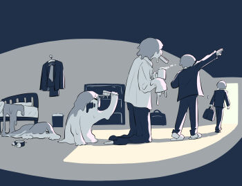 1boy absurdres alarm_clock avogado6 bag bed black_pants brushing_hair clock cup doorway food formal_clothes greyscale hair_brush highres holding holding_bag holding_cup indoors male_focus monochrome monster_boy mouth_hold mug original pants sequential shadow sleeves_past_fingers sleeves_past_wrists slime_(substance) slime_boy slippers steam suit symbolism waking_up walking