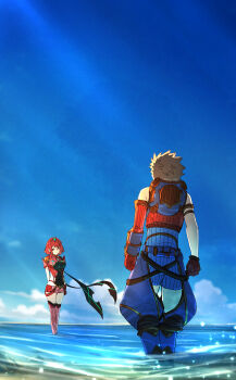 1boy 1girl absurdres arms_behind_back asymmetrical_gloves bare_shoulders beach black_gloves blue_bodysuit blue_pants blue_sky blurry bodysuit boots brown_hair commentary_request crotchless crotchless_pants day gloves highres looking_at_another ocean outdoors pants poteto_(potetosarada123) pyra_(xenoblade) red_boots red_hair red_shorts rex_(xenoblade) short_hair short_shorts shorts sky smile standing thigh_boots tiara water xenoblade_chronicles_(series) xenoblade_chronicles_2