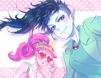 2girls :o adjusting_eyewear adventure_time aqua_eyes asymmetrical_hair bite_mark bite_mark_on_neck black_hair blue_jacket blue_shirt blush closed_mouth colored_skin commentary_request drop_shadow earrings eyelashes fang grey_skin heart heart-shaped_eyewear ivory_(25680nico) jacket jewelry long_hair marceline_abadeer multiple_girls necklace official_alternate_costume official_alternate_hairstyle open_clothes open_jacket open_mouth pink_hair pink_skin pointy_ears ponytail princess_bonnibel_bubblegum red-tinted_eyewear red_pupils shirt sidecut sleeveless smile sunglasses tiara tinted_eyewear undercut vampire