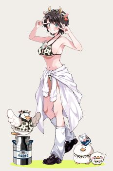1girl animal_ears animal_print between_breasts bikini black_shoes blue_eyes blush breasts brown_hair cleavage closed_mouth commentary cow_ears cow_horns cow_print cow_print_bikini double_v fake_animal_ears fake_horns highres hololive horns leg_warmers looking_at_viewer medium_breasts oozora_subaru print_bikini shoes short_hair smile solo subaru_duck subatomo_(oozora_subaru) swimsuit untranslatable_commentary v virtual_youtuber white_bikini white_leg_warmers wpotion