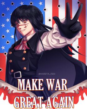 1girl absurdres american_flag_background black_cape black_dress black_gloves black_hair bullet_hole cape chainsaw_man collared_shirt dress facial_scar gloves hareta_ken highres long_hair long_sleeves make_america_great_again outstretched_arm ringed_eyes scar scar_on_cheek scar_on_face scar_on_nose shirt solo w white_shirt yellow_eyes yoru_(chainsaw_man)