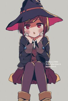Rule 34 | 108 (toowa), 1girl, :o, artist name, black hat, black jacket, blush, brown pantyhose, brown shoes, brown sweater vest, collared shirt, commentary request, danganronpa (series), danganronpa v3: killing harmony, dress shirt, gem hair ornament, hair ornament, hat, highres, jacket, open clothes, open jacket, pantyhose, pleated skirt, red hair, red hat, red skirt, shirt, shoes, short hair, simple background, skirt, solo, sweater vest, white shirt, witch hat, yumeno himiko