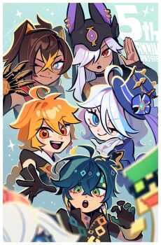 3boys 3girls aether_(genshin_impact) ajaw_(genshin_impact) anniversary black_choker black_gloves black_hat blonde_hair blue_eyes blue_hair blue_hat blurry blurry_foreground braid brown_hair choker commentary_request crossed_bangs cyno_(genshin_impact) dark-skinned_female dark_skin dehya_(genshin_impact) earrings furina_(genshin_impact) genshin_impact gloves hair_between_eyes hair_ears hair_over_one_eye hat headband highres jewelry kinich_(genshin_impact) long_hair looking_at_viewer multicolored_hair multiple_boys multiple_girls one_eye_closed open_mouth orange_eyes paimon_(genshin_impact) red_eyes single_braid sparkle top_hat ukata upper_body white_hair