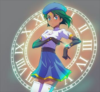 1girl beret blue_skirt ciel_soleil dark-skinned_female dark_skin female_focus green_hair hat iesupa pointing rwby skirt solo watch