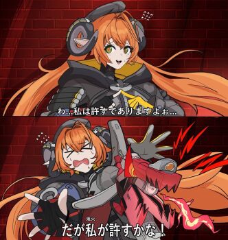 >_< 1girl ahoge angry asymmetrical_gloves beret brick_wall commentary_request curled_horns fire gloves green_eyes hat highres horns jesus_revenge_(meme) long_hair magus_(zenless_zone_zero) meme mismatched_gloves orange_hair orphie_magnusson pointy_ears twiddling_fingers twintails yama_kabosu zenless_zone_zero