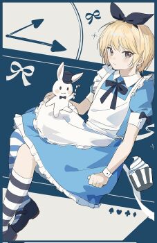 1boy alternate_costume apron black_bow black_bowtie black_shoes blonde_hair blue_dress bow bowtie brown_eyes closed_mouth collared_dress commentary corrupted_twitter_file crossdressing crossdressing_(mtf) dress earrings frilled_apron frills highres hunter_x_hunter jewelry kurapika maid maid_apron male_focus male_maid sevenlistening shoes short_hair socks solo striped_clothes striped_socks symbol-only_commentary white_apron