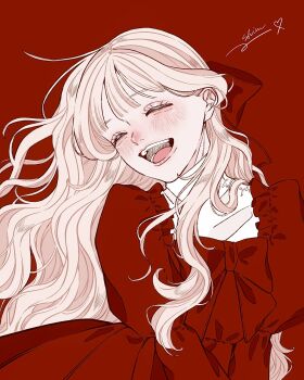 1girl blonde_hair blush bow closed_eyes commentary_request double-parted_bangs dress eyelashes frilled_dress frills hair_bow hair_over_shoulder happy highres jpeg_artifacts long_hair long_sleeves open_mouth original red_background red_bow red_dress red_theme shim_46 signature simple_background smile solo square_neckline upper_body wavy_hair