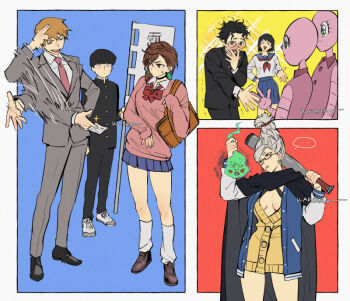 Rule 34 | 3boys, 3girls, alien, artist name, ayase momo, ayase seiko, bag, baseball bat, black hair, blazer, braid, breasts, brown eyes, brown hair, business card, cleavage, closed eyes, collared shirt, crossover, dandadan, earrings, ekubo (mob psycho 100), formal clothes, gakuran, glasses, jacket, jewelry, kadeart, kageyama shigeo, kurata tome, loose socks, mob psycho 100, motion blur, multiple boys, multiple girls, necktie, pink sweater, pleated skirt, red-framed eyewear, reigen arataka, school bag, school uniform, serafuku, shirt, single braid, skirt, socks, sparkle, suit, sweater, takakura ken (dandadan), trembling, white hair