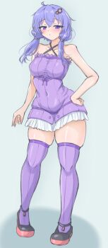 Rule 34 | 1girl, ahoge, anklet, black shoes, blue eyes, blue hair, blush, breasts, covered navel, dress, grey background, hair ornament, hair tie, hand on own hip, jewelry, low twintails, medium hair, purple dress, purple thighhighs, ribbed dress, shoes, short dress, skindentation, small breasts, solo, standing, thighhighs, twintails, voiceroid, wide hips, yasuka (sss-yaska-snowwind), yuzuki yukari