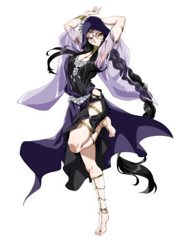 1girl absurdres anklet armlet barefoot black_dress black_hair braid breasts cleavage dancing dress elden_ring elden_ring_nightreign fingernails full_body highres hood jewelry long_braid morinosuke nail_polish neck_ring official_alternate_costume orange_eyes ribbon sidelocks single_braid smile solo standing standing_on_one_leg toe_ring toenail_polish toenails undertaker_(elden_ring) white_background