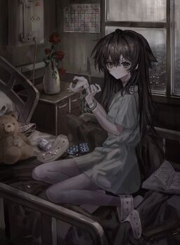 1girl absurdres ankle_cuffs bed black_hair blister_pack book bruise bruise_on_neck bruise_on_wrist closed_mouth commentary cuffs dark electrical_outlet flower grey_eyes grey_sky handcuffs highres hospital hospital_bed hospital_gown indoors kneeling long_hair looking_at_viewer nightstand on_bed open_book original pill pill_bottle red_flower restraints senakira short_sleeves sky solo strangulation_mark stuffed_animal stuffed_toy stuffing teddy_bear vase window