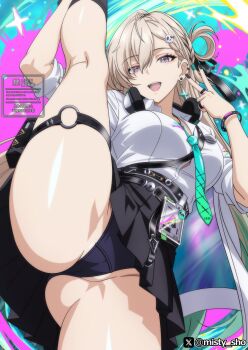 1girl aqua_necktie black_nails black_panties black_skirt blonde_hair braid braided_bangs breasts colorful_background commentary_request earrings hair_between_eyes hair_ornament hand_up headphones headphones_around_neck highres id_card jacket jewelry kneepits long_hair looking_at_viewer lynae_(wuthering_waves) makiri_akira medium_breasts nail_polish necktie open_mouth panties partial_commentary partially_visible_vulva purple_eyes shirt shirt_tucked_in skirt skull_hair_ornament smile solo split star_(symbol) star_earrings thighs underwear very_long_hair white_jacket white_shirt wuthering_waves