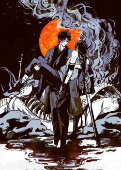 2boys bandage_over_one_eye bandages black_hair blood bloody_bandages carrying closed_mouth commentary corrupted_twitter_file full_body full_moon highres katana konohagakure_anbu_uniform long_hair male_focus momoyoru1 moon multiple_boys naruto_(series) naruto_shippuuden planted planted_sword planted_weapon princess_carry short_hair standing sword uchiha_itachi uchiha_shisui walking weapon yaoi