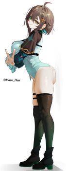 1girl against_wall ahoge aqua_hair arched_back arms_under_breasts ass ass_press asymmetrical_legwear black_boots black_capelet black_socks black_thighhighs blue_nails boots bottomless braid braided_bangs brown_hair capelet chest_belt closed_mouth colored_inner_hair commentary corrupted_twitter_file cross-shaped_pupils crossed_arms detached_sleeves frilled_sleeves frills from_side full_body gold_trim gradient_legwear green_eyes green_sleeves green_socks green_thighhighs hair_ornament head_tilt heterochromia highres indie_virtual_youtuber invisible_wall kneehighs looking_at_viewer looking_to_the_side mana_(manasenshou) medium_hair meica_(1st_costume)_(vtuber) meica_(vtuber) mismatched_pupils multicolored_hair multiple_thigh_straps necktie platform_boots shirt side_capelet single_kneehigh single_sock single_thighhigh skindentation sleeve_garter smile socks spanish_commentary sprout-shaped_pupils standing star_(symbol) star_hair_ornament symbol-shaped_pupils taut_clothes taut_shirt thigh_strap thighhighs thighs tight_clothes twitter_username uneven_legwear v virtual_youtuber white_shirt