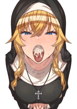 1girl blonde_hair blue_eyes blush cross cross_necklace cum cum_in_mouth cum_on_tongue erere habit half-closed_eyes jewelry long_hair looking_at_viewer necklace nun nun_headdress open_mouth original simple_background solo tongue tongue_out white_background