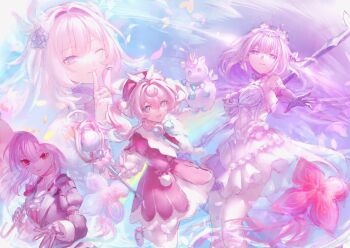 4girls ;) aqua_eyes bare_shoulders black_dress breasts castorice_(honkai:_star_rail) commentary cyrene_(demiurge)_(honkai:_star_rail) cyrene_(honkai:_star_rail) diamond-shaped_pupils diamond_(shape) dress evernight_(honkai:_star_rail) flower hair_flower hair_ornament highres holding holding_scythe holding_staff honkai:_star_rail honkai_(series) hyacine_(honkai:_star_rail) little_ica_(honkai:_star_rail) long_hair looking_at_viewer march_7th_(honkai:_star_rail) medium_breasts medium_hair miton_(vvse5752) multiple_girls one_eye_closed pink_hair purple_eyes purple_hair red_dress red_hair revision scythe smile staff symbol-only_commentary symbol-shaped_pupils tiara twintails very_long_hair white_dress