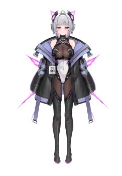 1girl absurdres ahoge animal_ears bare_shoulders black_boots blunt_bangs blush boots breasts commentary covered_navel ember_amane ember_amane_(wish) english_commentary fake_animal_ears fire grey_hair hair_intakes highres large_breasts mole mole_under_eye off-shoulder_jacket off_shoulder official_alternate_costume official_alternate_hairstyle official_art phase_connect purple_eyes purple_fire refla sleeves_past_fingers sleeves_past_wrists tachi-e virtual_youtuber wolf_cut