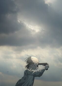 1girl absurdres cardigan closed_eyes cloud cloudy_sky commentary_request crying from_side grey_cardigan grey_hair gun gun_to_head handgun highres holding holding_gun holding_weapon imminent_suicide kisaragi4050 open_cardigan open_clothes original outdoors overcast profile sky solo tears weapon wind