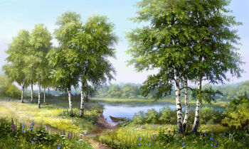 anna-lakisova birch_tree blue_flower blue_sky boat commentary day english_commentary flower grass highres lake landscape no_humans original outdoors path purple_flower road signature sky tree water watercraft