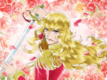 1970s_(style) 1girl blonde_hair cosplay epaulettes floating_hair flower flower_in_mouth game_cg holding holding_sword holding_weapon jacket lips long_hair long_sleeves looking_at_viewer official_art oldschool oscar_francois_de_jarjayes oscar_francois_de_jarjayes_(cosplay) red_eyes red_flower red_jacket red_rose retro_artstyle rose saijou_claudine shoujo_kageki_revue_starlight shoujo_kageki_revue_starlight_-re_live- solo sword upper_body v-shaped_eyebrows versailles_no_bara weapon