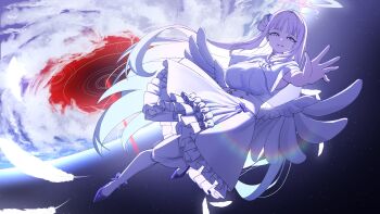 1girl blue_archive blue_flower capelet commentary dress english_commentary feathers flower hair_bun hair_flower hair_ornament hair_scrunchie halo highres linear_71 long_hair looking_at_viewer mika_(blue_archive) pantyhose parted_lips pink_hair purple_halo purple_shoes reaching reaching_towards_viewer scrunchie shoes single_side_bun smile solo space white_capelet white_dress white_pantyhose white_scrunchie white_wings wings yellow_eyes