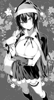 1girl belt black_hair breasts capelet cleavage collarbone dress floral_background fur-trimmed_capelet fur-trimmed_sleeves fur_trim hair_between_eyes haite_kudasai_takamine-san hat hiiragi_yuuichi holding holding_sack kneehighs large_breasts long_hair monochrome neck_ribbon ribbon sack santa_costume santa_dress santa_hat socks takamine_takane thigh_strap