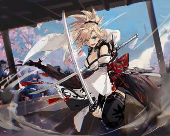 1girl absurdres black_thighhighs blonde_hair blue_eyes blue_sky breasts cleavage day de678997 dual_wielding earrings falling_petals fate/samurai_remnant fate_(series) fighting_stance highres holding holding_sword holding_weapon japanese_clothes jewelry katana kimono large_breasts long_hair looking_at_viewer magatama magatama_necklace miyamoto_musashi_(fate) miyamoto_musashi_(woman_of_niten_ichiryuu)_(fate) necklace on_one_knee open_mouth petals ponytail sky smile solo sword thighhighs tree weapon white_kimono