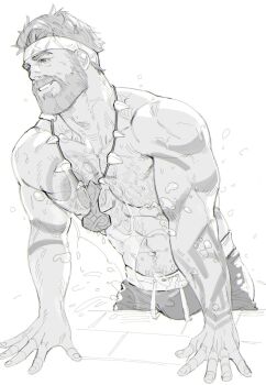 1boy abs arm_tattoo beard bulge chest_hair chest_tattoo commentary facial_hair greyscale grin hashtag-only_commentary headband highres jewelry limach-an looking_up male_focus marvel marvel_rivals mature_male monochrome muscular muscular_male navel necklace official_alternate_costume poolside short_hair smile solo splashing stomach_hair swimsuit symbol-only_commentary tattoo thor_(marvel) thor_(marvel)_(series) thor_(worthy_waves)_(marvel) topless_male