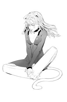 1girl absurdres animal_ears bell ben-day_dots breasts cat_ears cat_girl cat_tail commentary greyscale highres long_hair mole mole_on_breast mole_under_eye monochrome neck_bell original screentones simple_background solo tail white_background yuzhou_gou_ren_wang