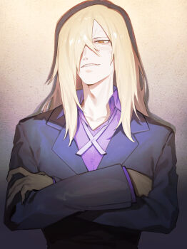 Rule 34 | 1boy, absurdres, blonde hair, blue jacket, collarbone, collared shirt, commentary, crossed arms, dress shirt, en@rain, hair over one eye, half-closed eye, highres, jacket, long sleeves, looking at viewer, male focus, orange eyes, purple shirt, sharp teeth, shirt, solo, teeth, tengen toppa gurren lagann, upper body, viral (ttgl)