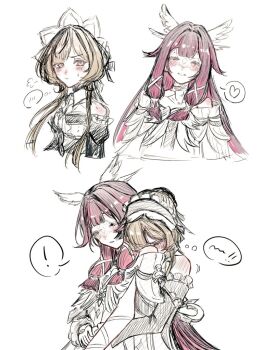 ! 2girls bare_shoulders black_bow black_choker black_hair black_hairband black_ribbon black_sleeves blonde_hair blush bow bowtie choker closed_eyes closed_mouth columbina_(genshin_impact) covered_mouth cowboy_shot detached_collar detached_sleeves dress eye_mask feathered_wings frills genshin_impact gradient_hair grey_eyes hair_bow hair_bun hair_ornament hair_ribbon hair_tubes hairband hashtag-only_commentary head_wings heart hug hug_from_behind juliet_sleeves lapels long_hair long_sleeves looking_at_another mask multicolored_hair multiple_girls multiple_views multiple_wings off-shoulder_dress off_shoulder pink_hair puffy_sleeves ribbon saba_oekaki sandrone_(genshin_impact) short_hair_with_long_locks sidelocks simple_background sleeveless sleeveless_dress speech_bubble spoken_blush spoken_exclamation_mark spoken_heart standing strapless strapless_dress sweatdrop teeth thought_bubble two-tone_hair upper_body v-shaped_eyebrows white_background white_bow white_bowtie white_dress white_mask wide_sleeves wing_collar wings x_hair_ornament yuri