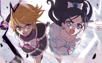 2girls arema attack bad_tag black_arm_warmers black_gloves black_skirt blue_eyes blue_hair collarbone cure_black cure_white dress earrings fingerless_gloves futari_wa_precure gloves heart heart-shaped_gem heart_earrings highres holding_hands jewelry long_hair looking_at_viewer magic magical_girl multiple_girls open_mouth orange_eyes orange_hair precure purple_electricity short_hair skirt white_arm_warmers white_dress