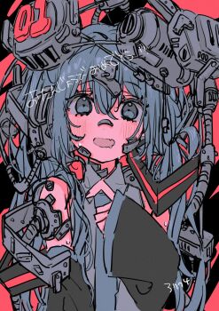 1girl 3774. artist_name blush collared_shirt detached_sleeves drooling fang hair_ornament hand_up happy_birthday hatsune_miku highres index_finger_raised limited_palette long_hair looking_at_viewer machine metal mouth_drool necktie open_mouth paper_texture shirt skin_fang sleeveless sleeveless_shirt smile solo sweat translated tube upper_body very_long_hair vocaloid